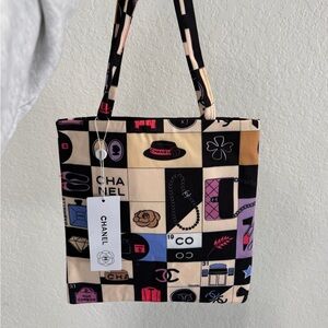 CHANEL Beige & Black Patterned Canvas Tote Bag (GWP)